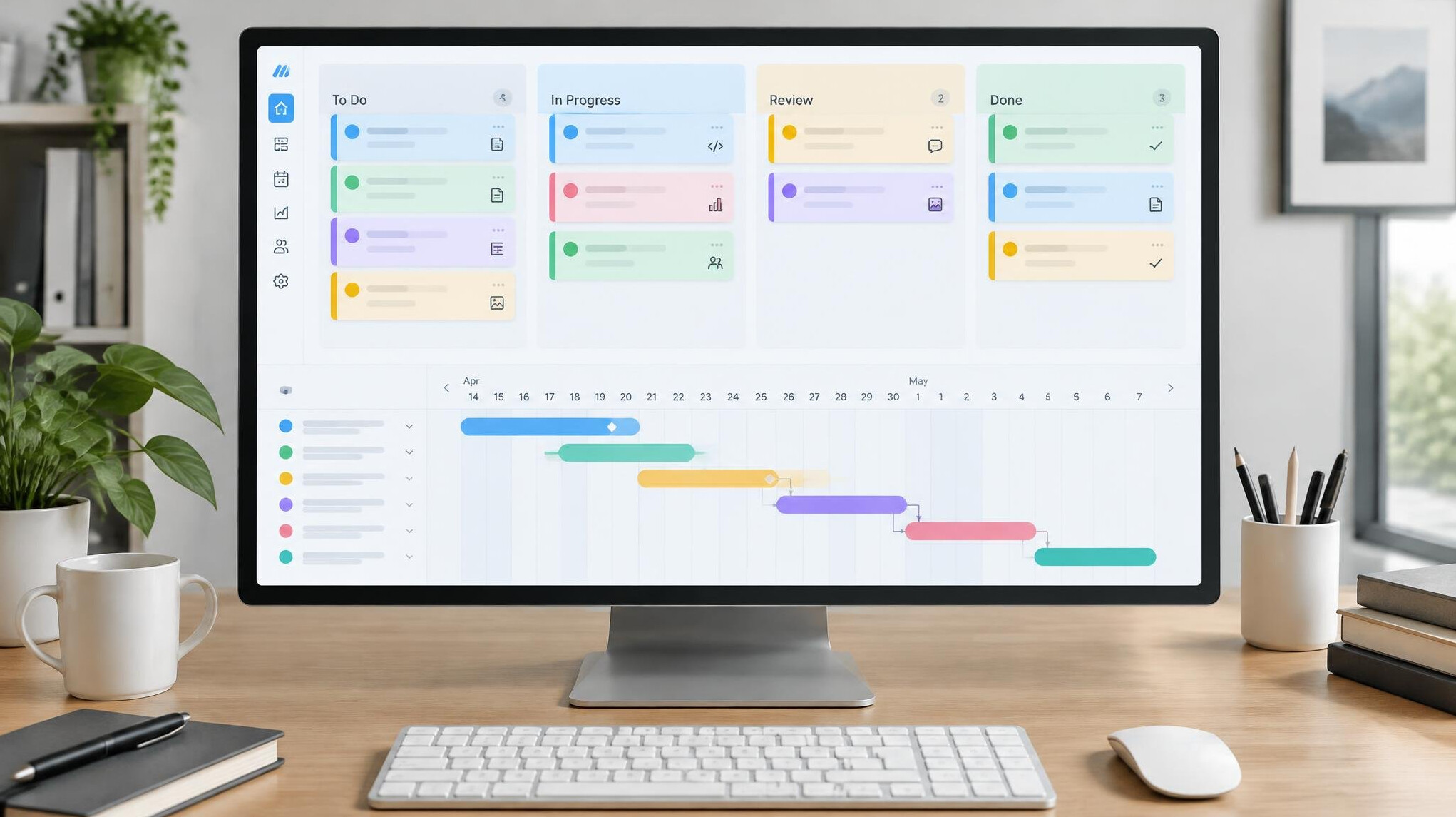 Computer monitor showing a project management board with tasks