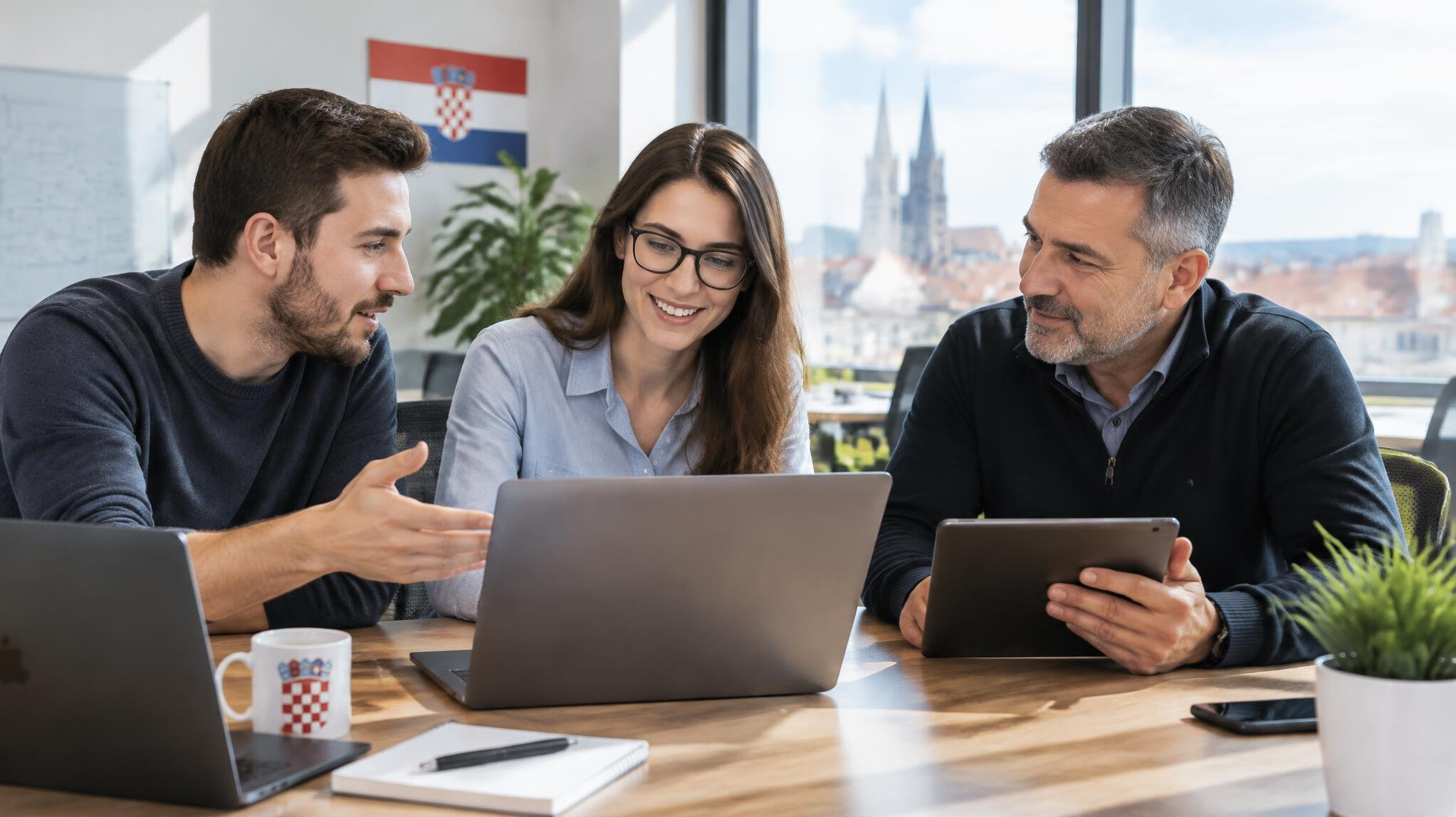 Small team of colleagues reviewing software on laptops in a bright office