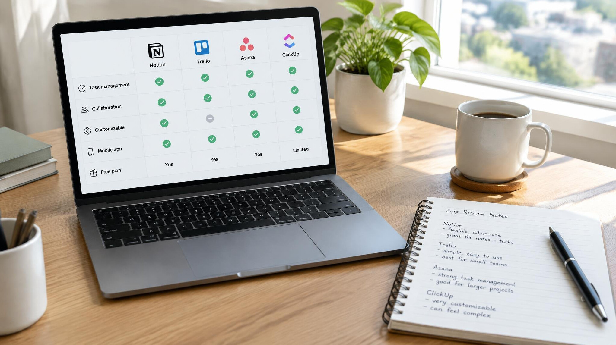 Laptop and notebook on a desk with written app review notes