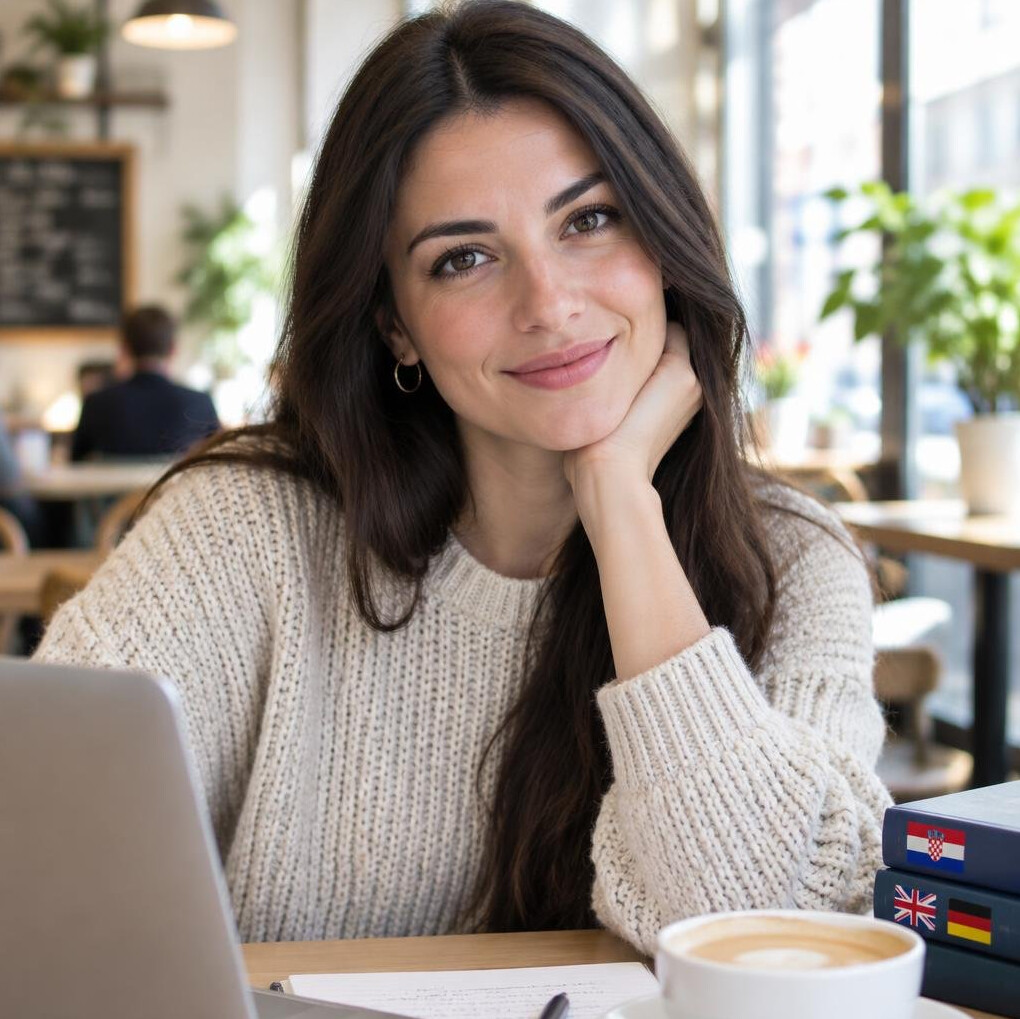 Portrait of a young woman translator with long hair smiling