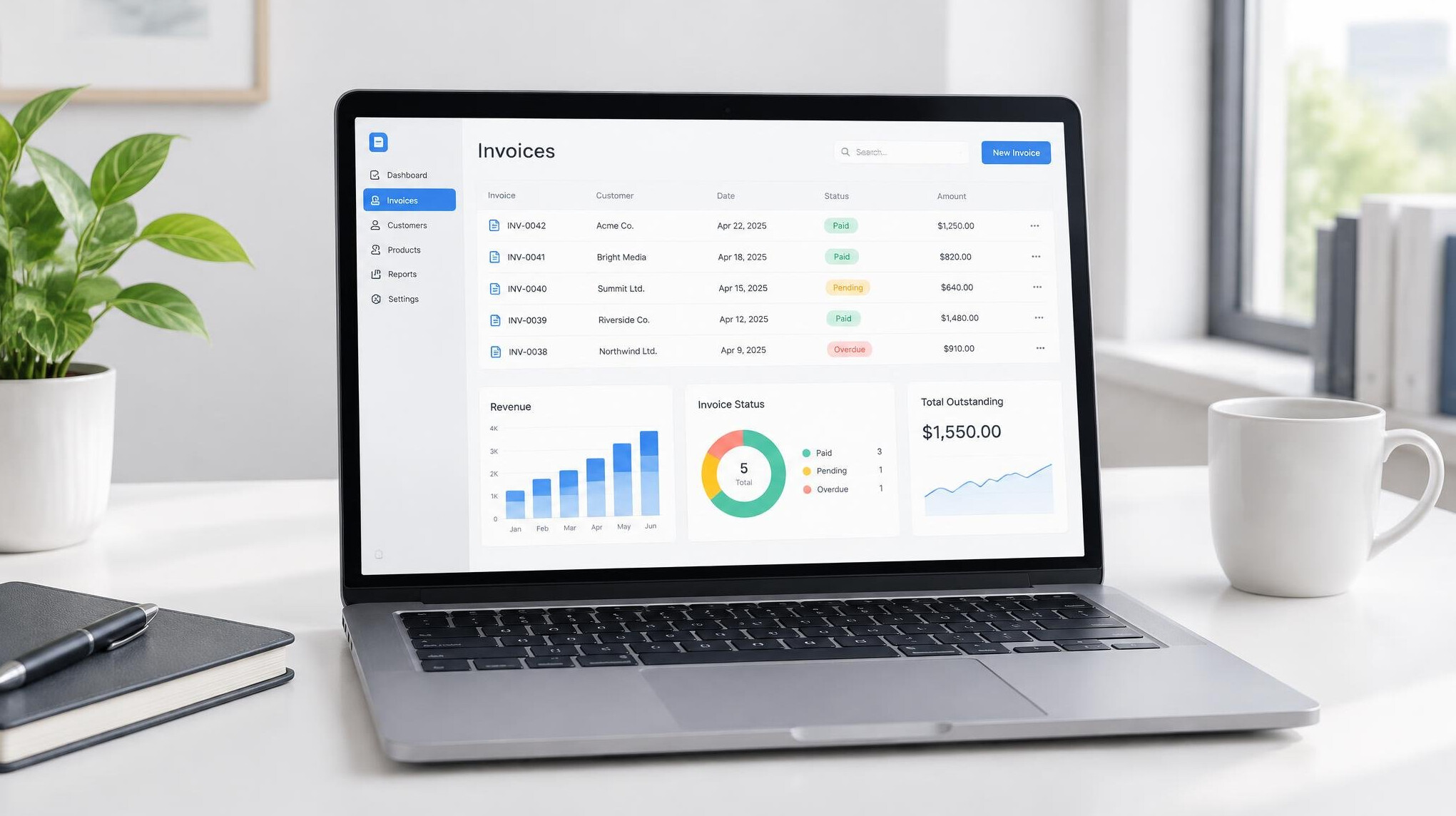 Laptop displaying invoicing software with financial charts