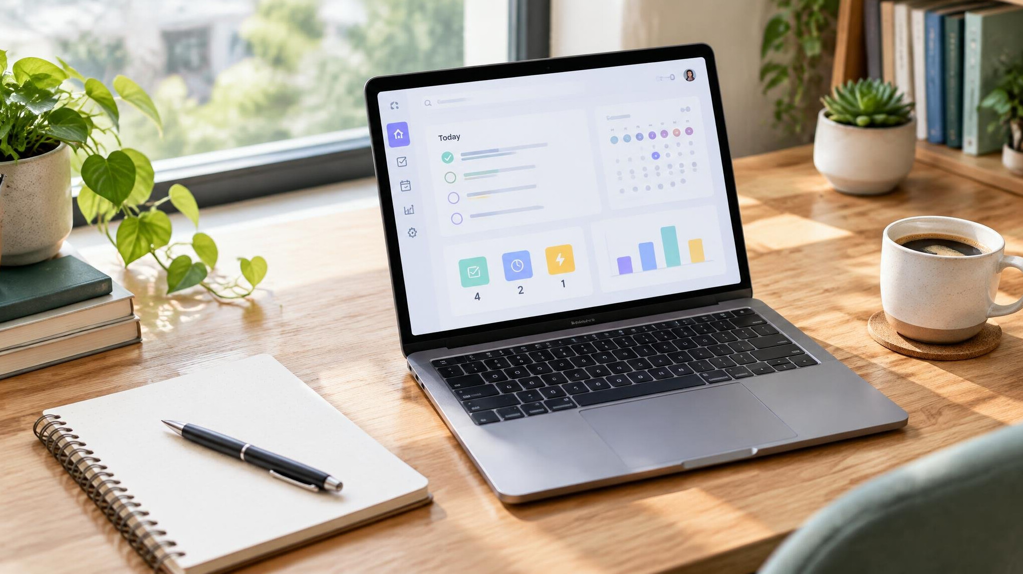 Freelancer desk with laptop showing app dashboard and notebook
